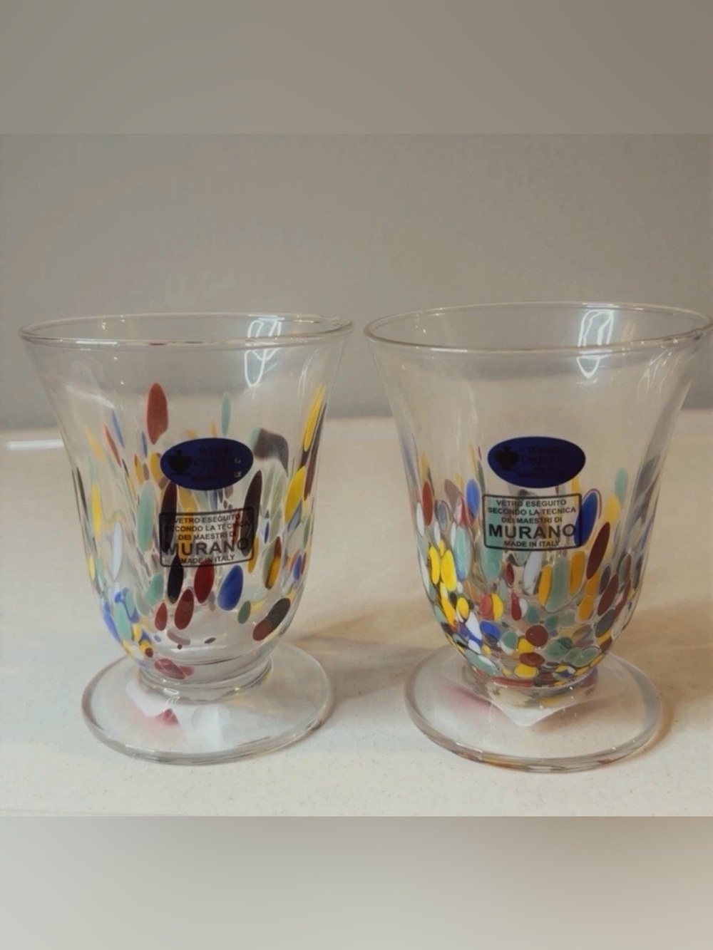2 MURANO Italy White Crystal Cocktail Tumbler Wine Goblet Confetti Handmade NWT